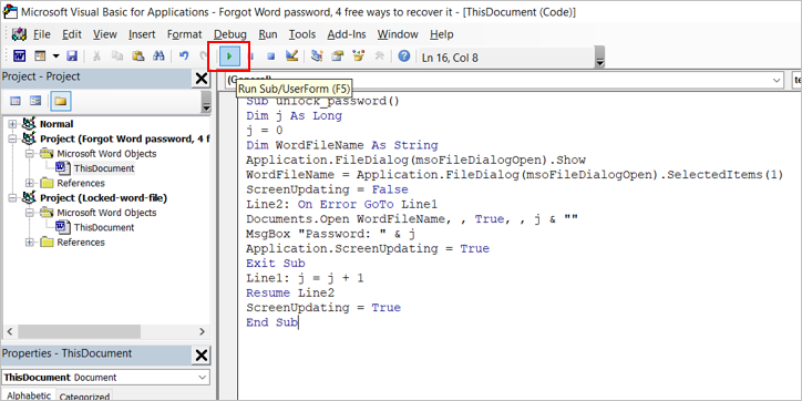 run vba code word