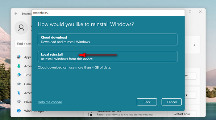 reset windows 11 local reinstall