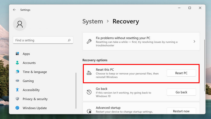 reset this pc windows 11
