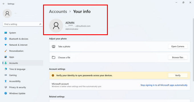 windows 11 account info