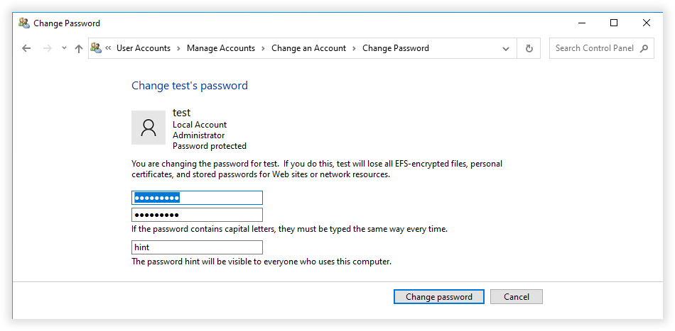 start to change windows 10 password