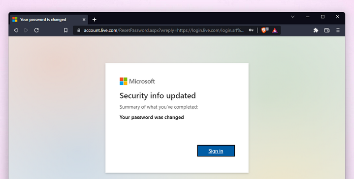 password changed microsoft