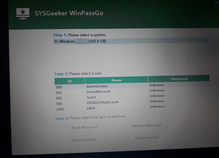 reset password sysgeeker winpassgo